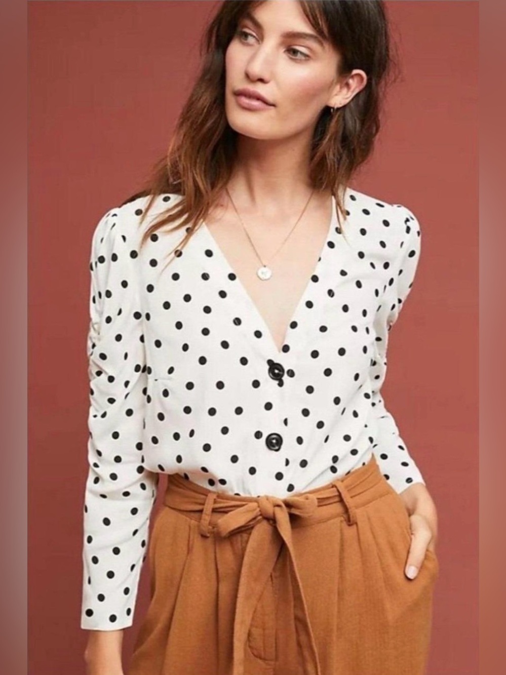 Anthropologie Mauve Jourdain Black Polka Dot V-Neck Ruched Sleeve White Blouse S